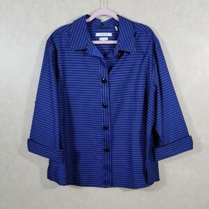02197 Foxcroft blue & black striped Wrinkle Free Button Blouse 24W